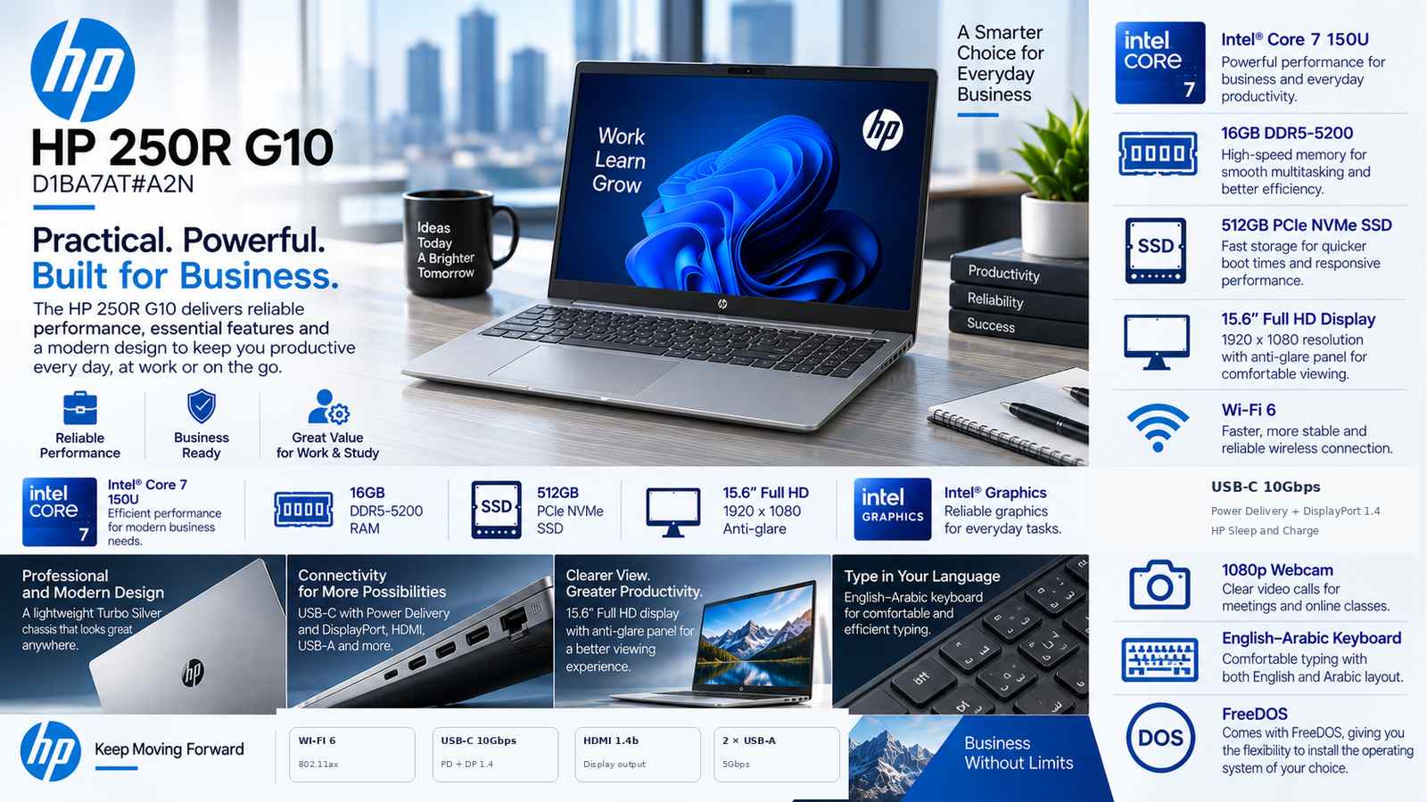 HP 250R G10 D1BA7AT#A2N Business Laptop, Intel Core 7 150U, 16GB DDR5-5200, 512GB PCIe NVMe SSD, 15.6-inch FHD Anti-Glare Display, Intel Graphics, Wi-Fi 6, FreeDOS, English-Arabic Keyboard, Turbo Silver | D1BA7AT#A2N